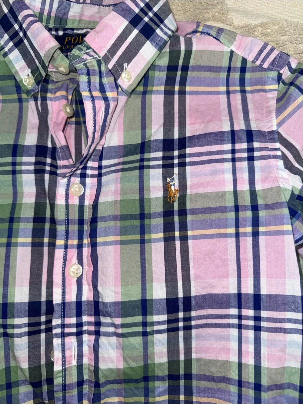 Polo Ralph Lauren Short Sleeve Plaid Button-Up Shirt in Pink, Blue & Green S (8)